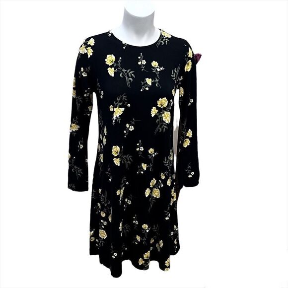 Old Navy Black Floral Long Sleeve Dress Size Small NWT Brand New - Picture 1 of 7